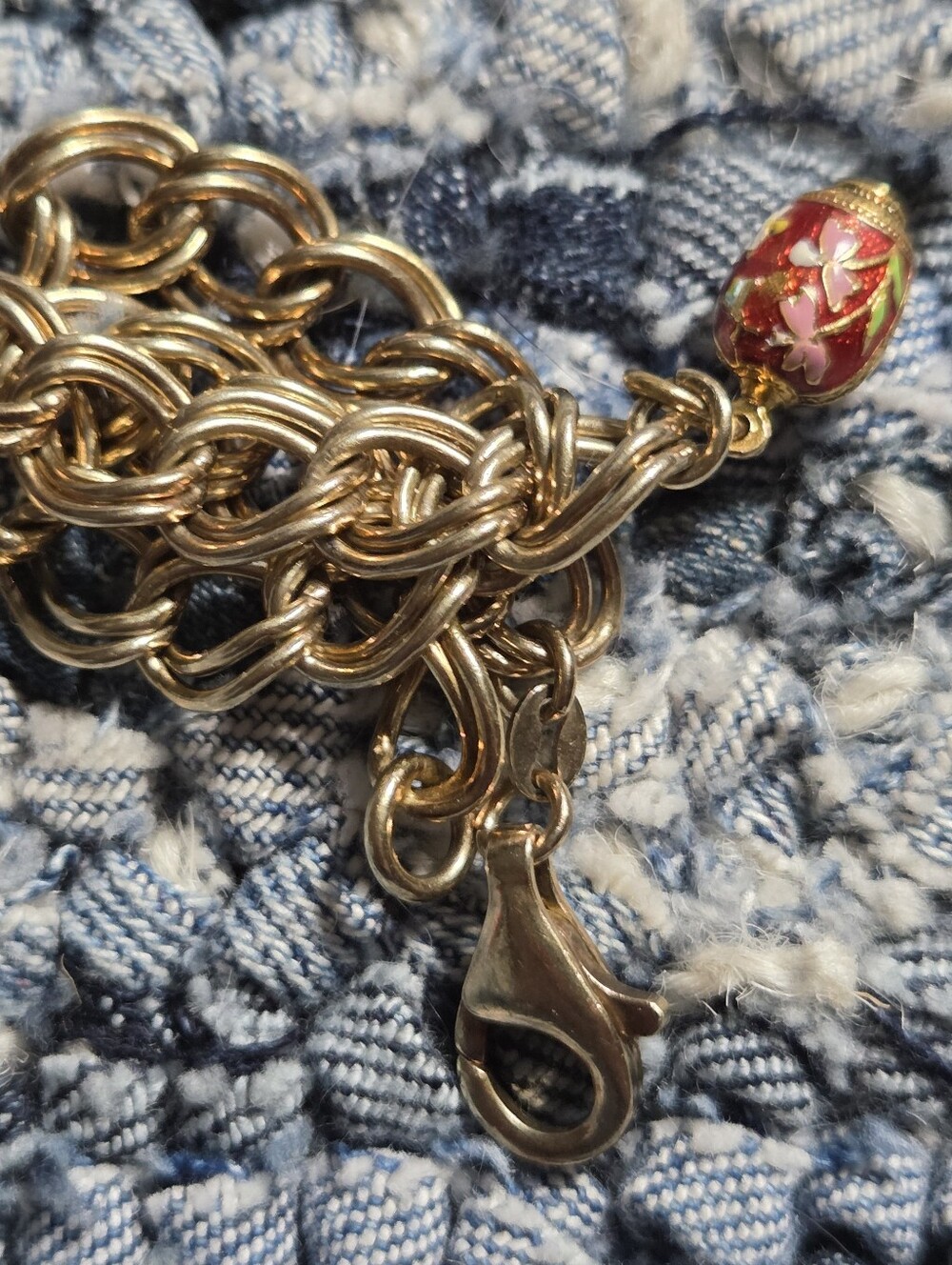 Russian 925 Gold Wash Vintage Faberge Floral Egg Charm 7.25" Bracelet